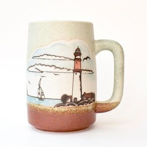 Orange & White Lighthouse Stoneware Pottery Mug